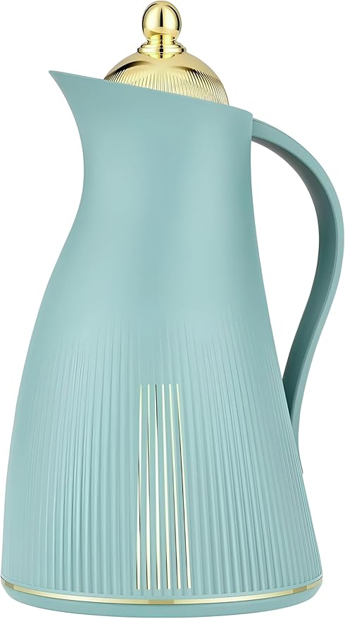 Mint Green Thermos pitcher with gold accents on a white background