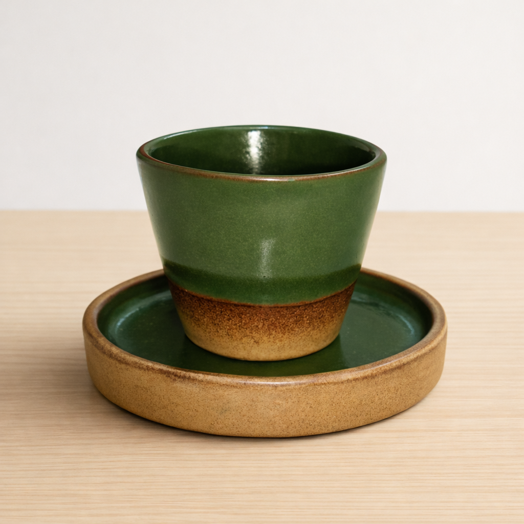 Green ceramic cup and saucer set on a beige surface with a light background