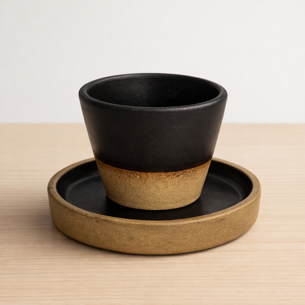 Ceramic cup with brown base and black top on a matching tray against a neutral background