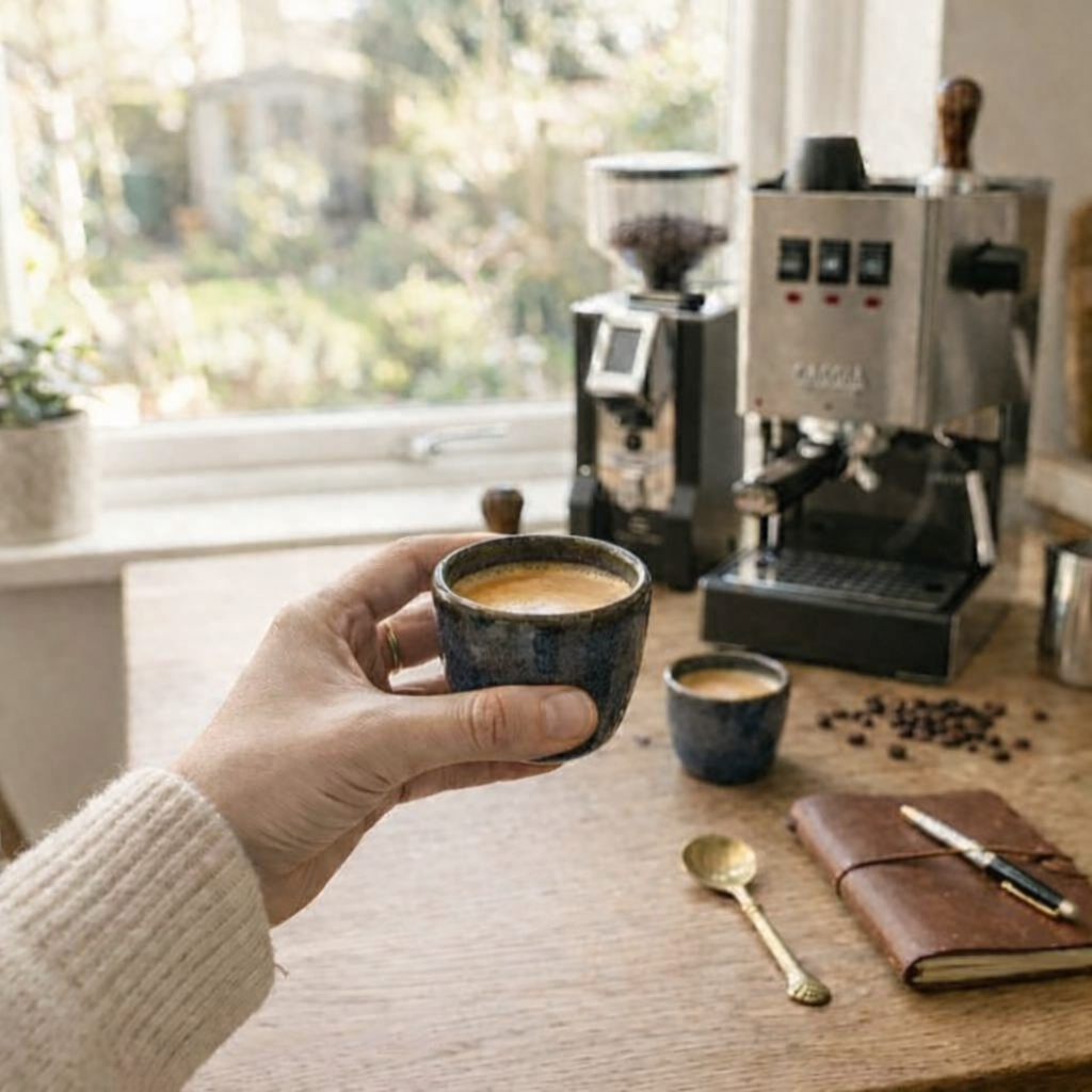 Person holding a cup of coffee in a kitchen with coffee-making equipment.