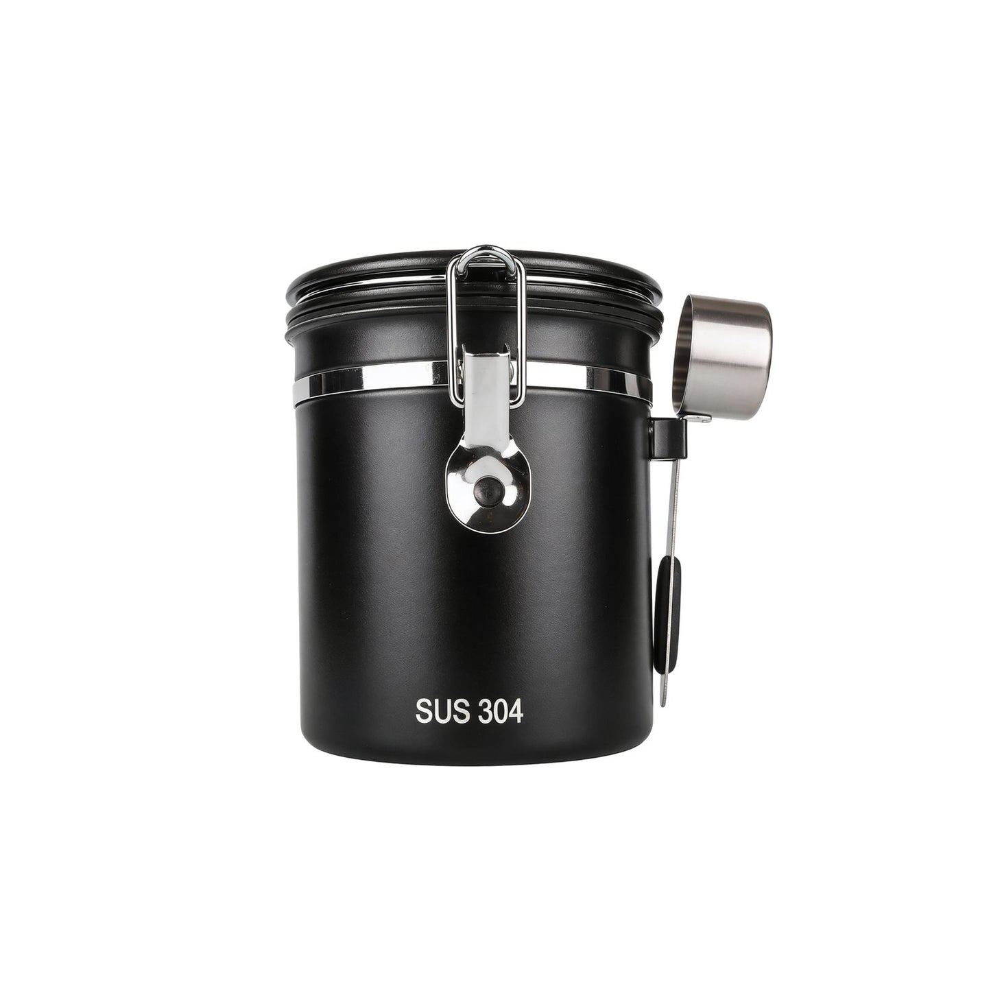 Black canister with silver lid and handle on a white background
