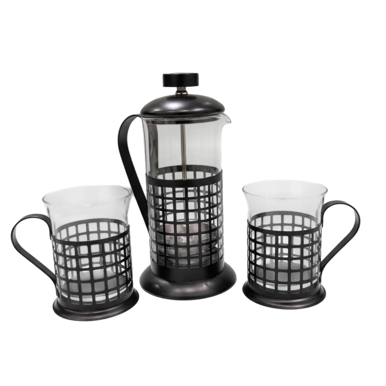 TMH Black metal French Press 350 ml with two mugs set.