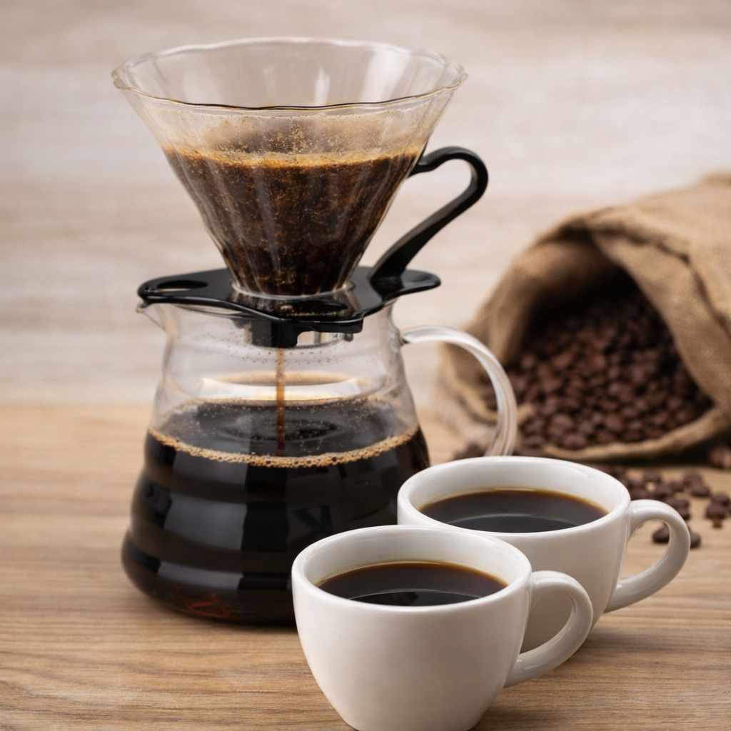 Glass coffee maker with two cups of coffee on a wooden table, surrounded by coffee beans.