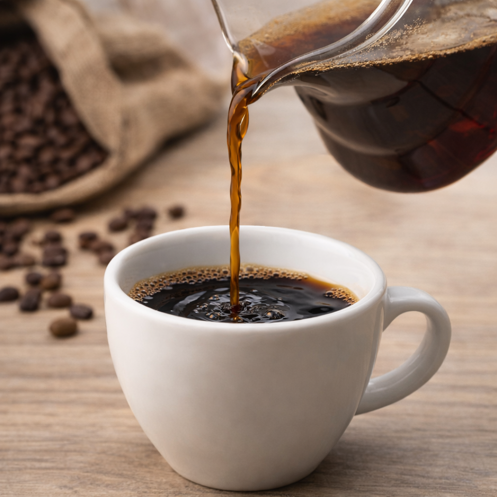 Coffee being poured from a glass carafe into a white mug with coffee beans and a burlap sack in the background.