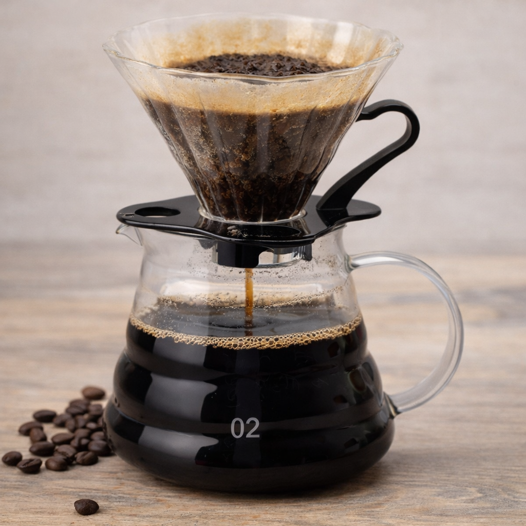 Coffee brewing process with a glass coffee maker on a wooden surface