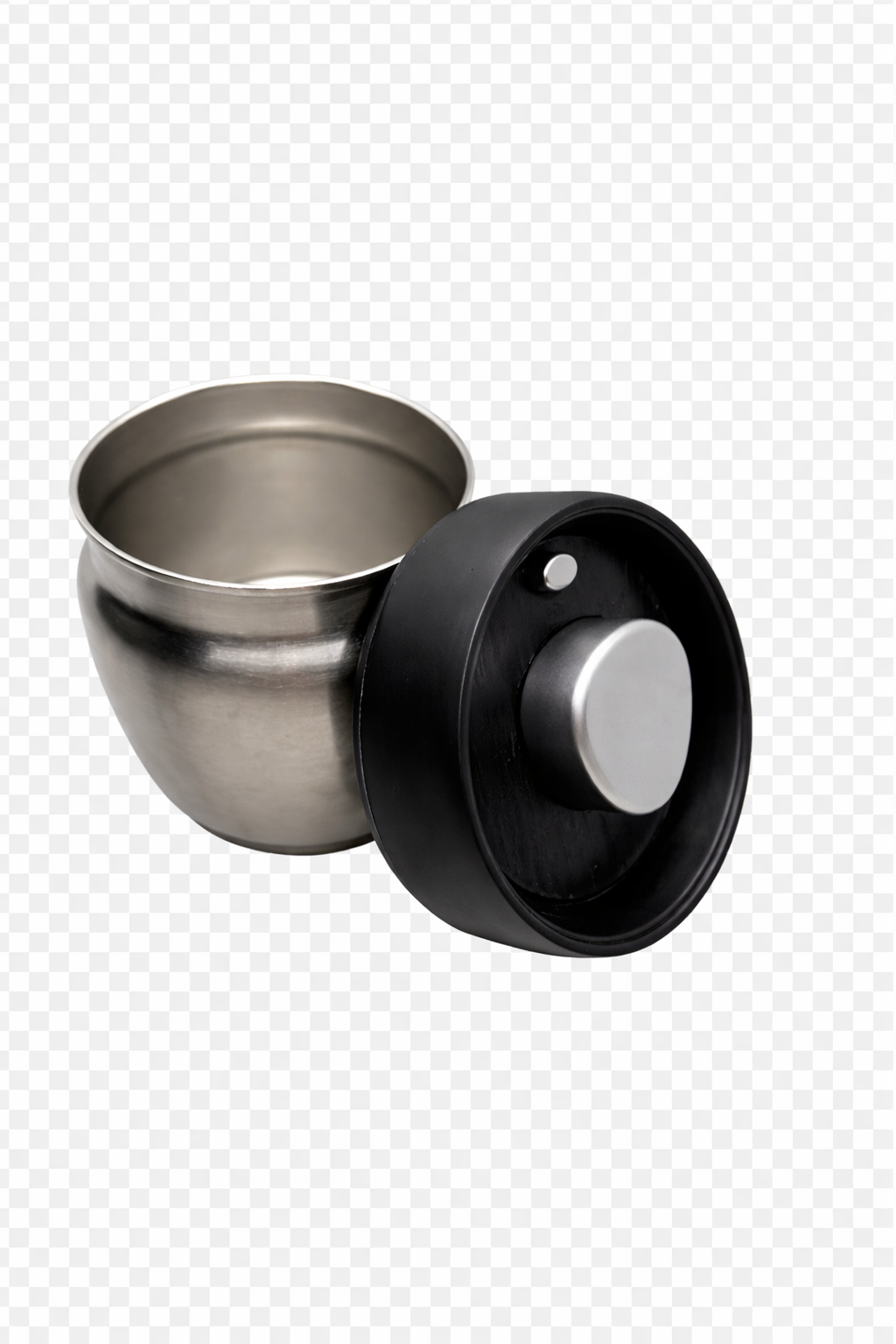 Metallic container with black lid on a transparent background