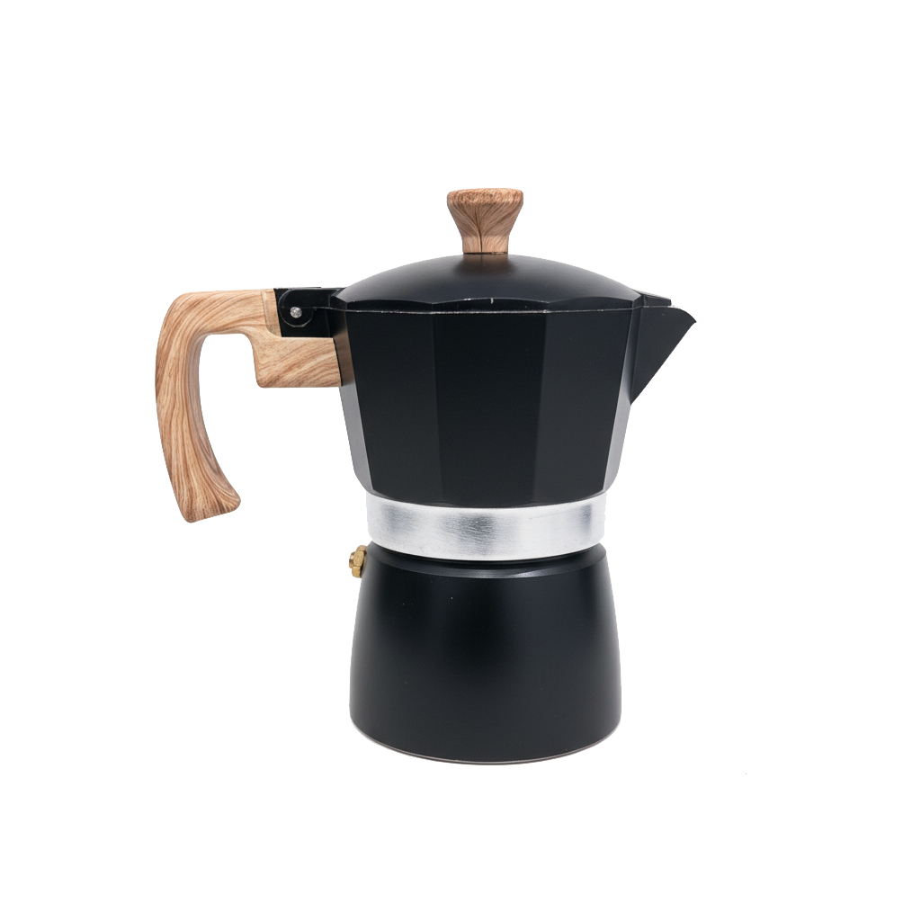 TMH Stovetop Moka Coffee Maker – Black with Wood-Style Handle - 3 Cups