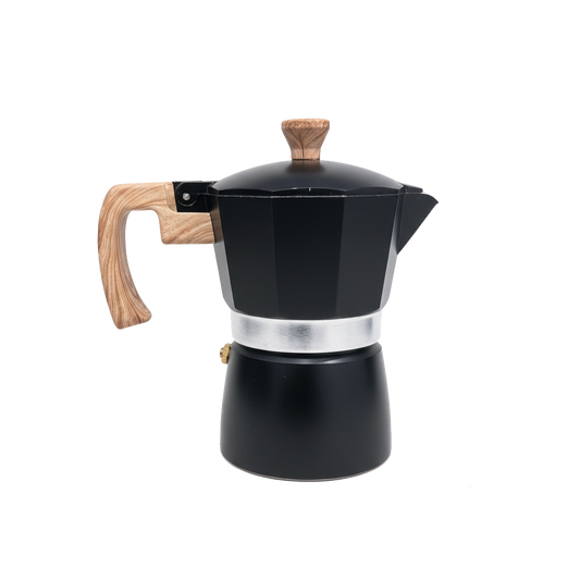 TMH Stovetop Moka Coffee Maker – Black with Wood-Style Handle - 3 Cups