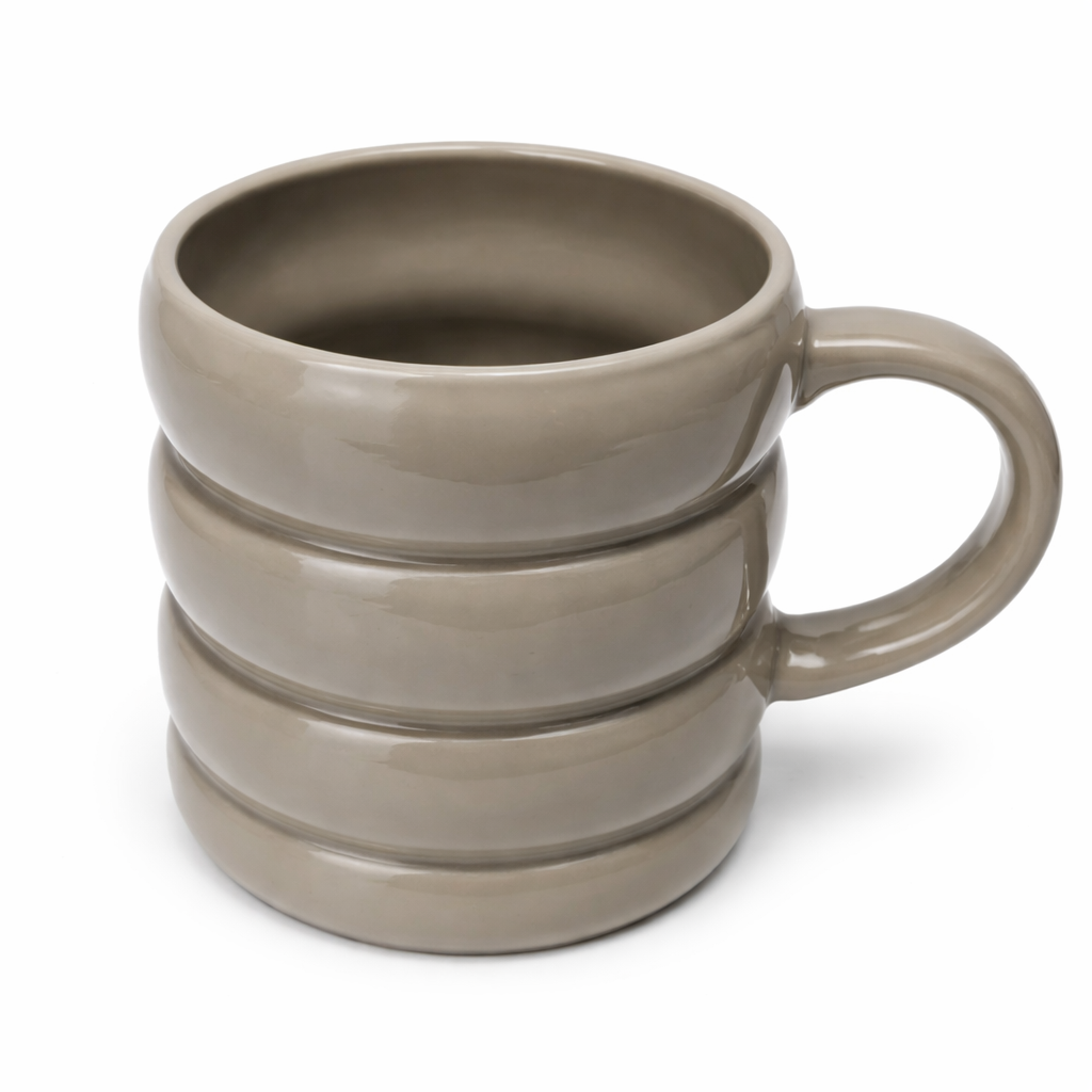 Taupe Grey ceramic mug with ribbed design on a white background