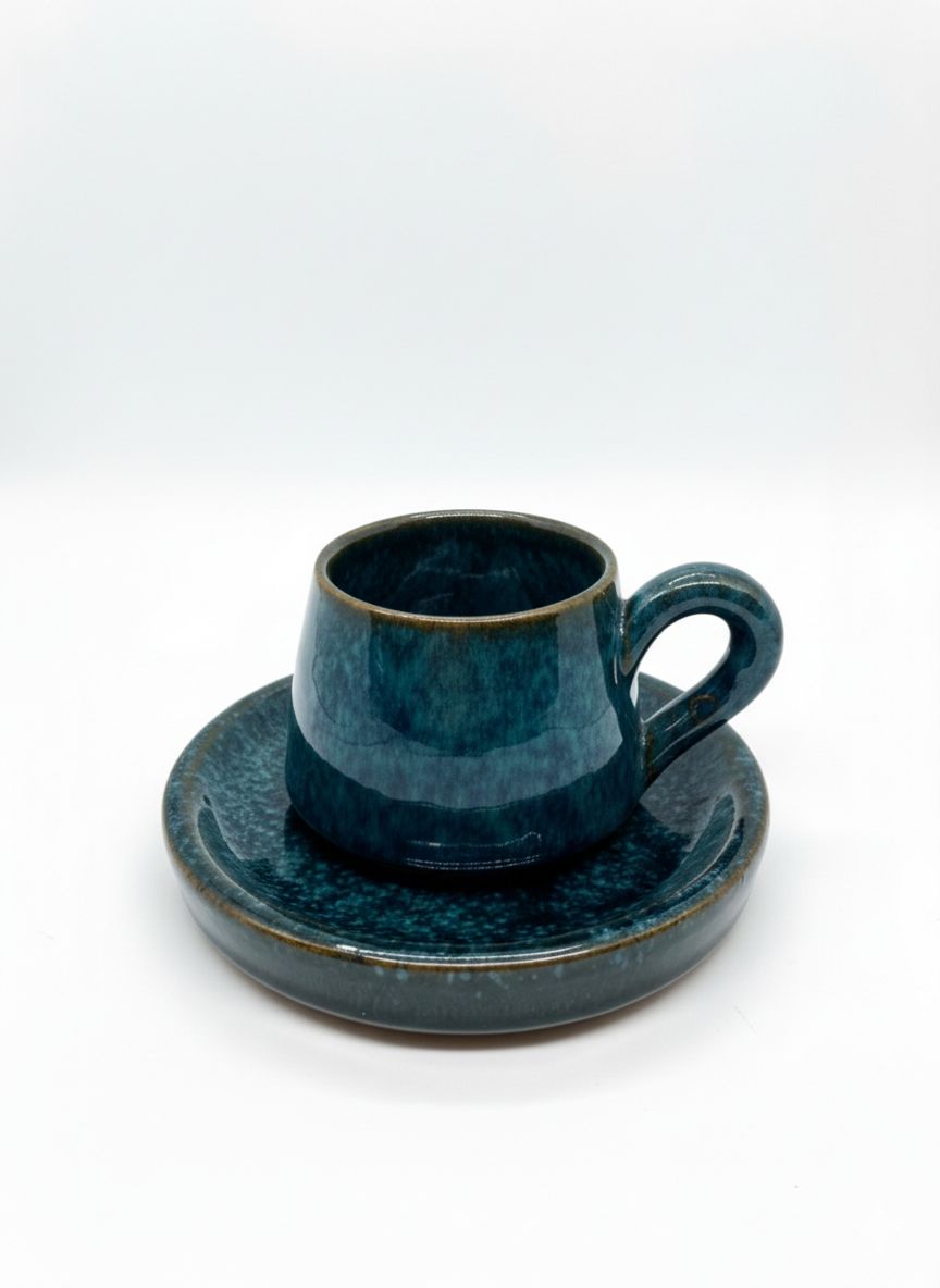 Blue ceramic cup and saucer set on a white background