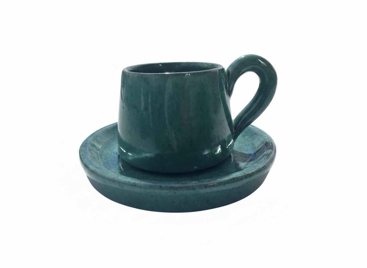 Teal ceramic cup and saucer set on a white background