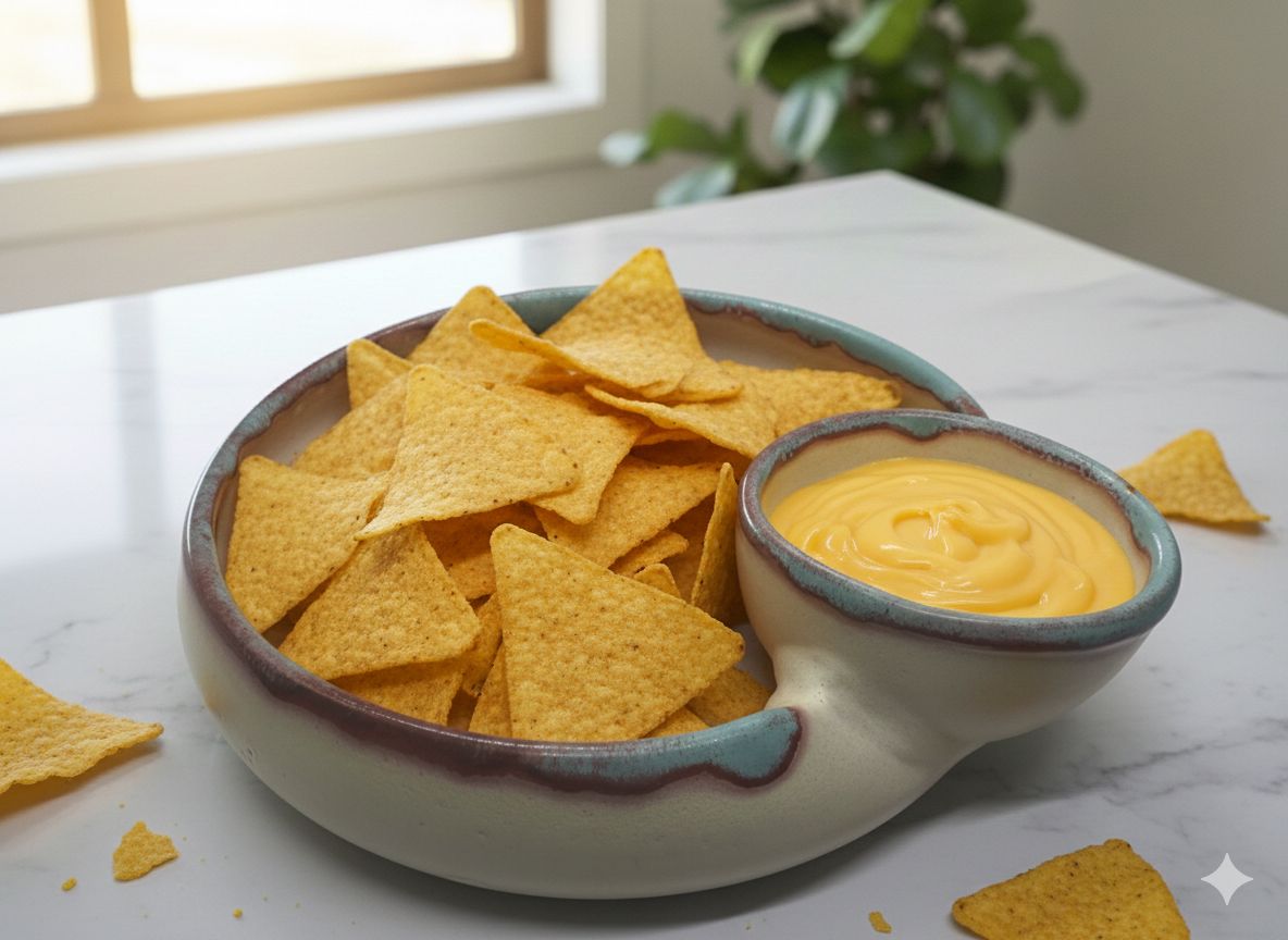 Bowl of tortilla chips with a side of cheese dip on a marble surface.