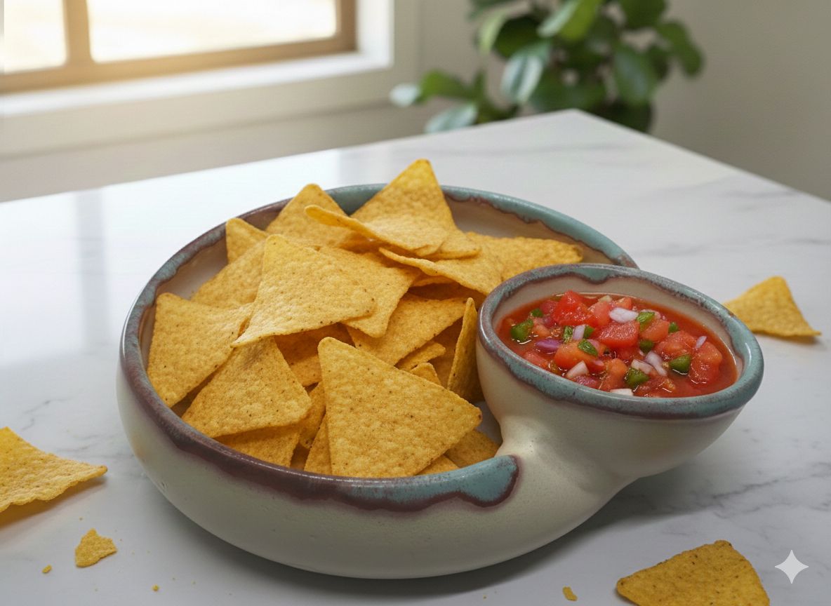 Bowl of tortilla chips with a side of salsa on a marble surface.