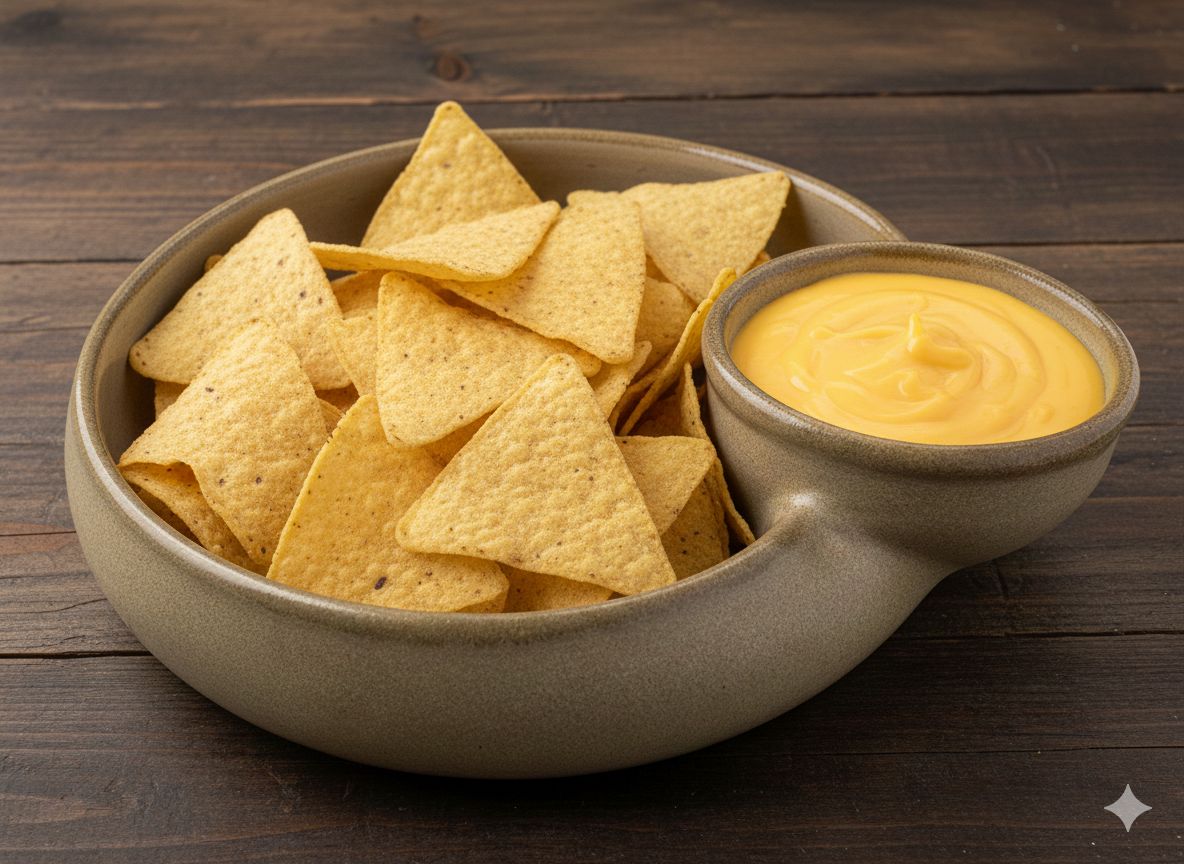 Bowl of tortilla chips with a side of cheese dip on a wooden surface
