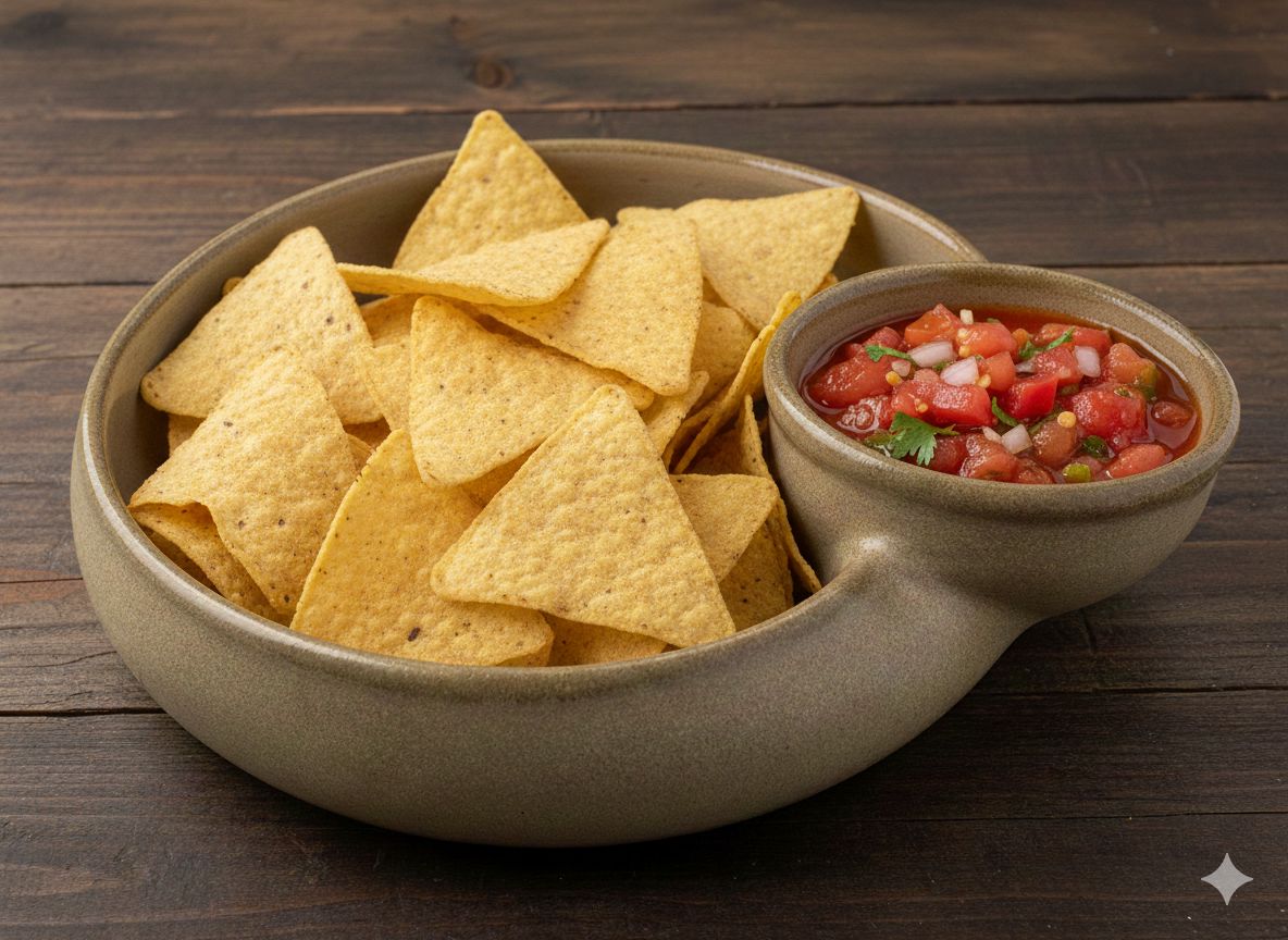 Bowl of tortilla chips with a side of salsa on a wooden surface