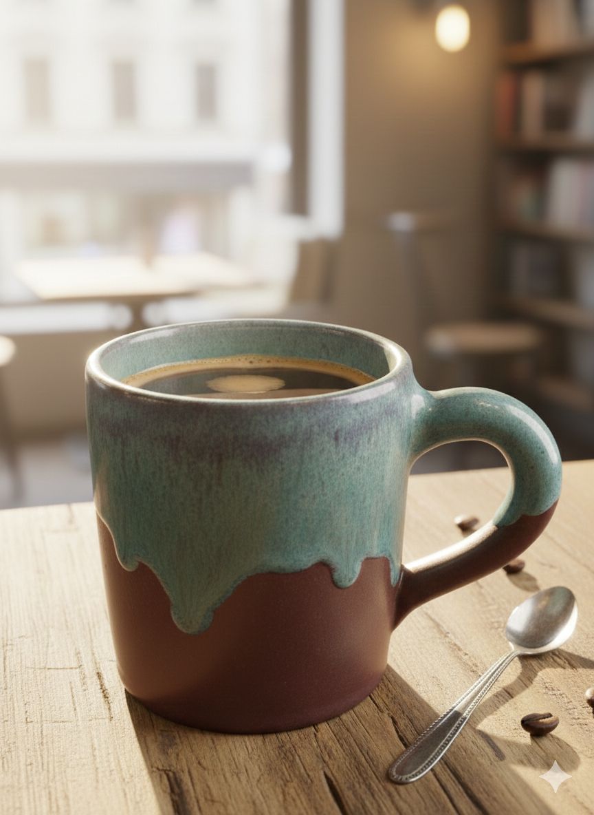 Teal and brown ceramic mug with coffee on a wooden table in a cozy setting