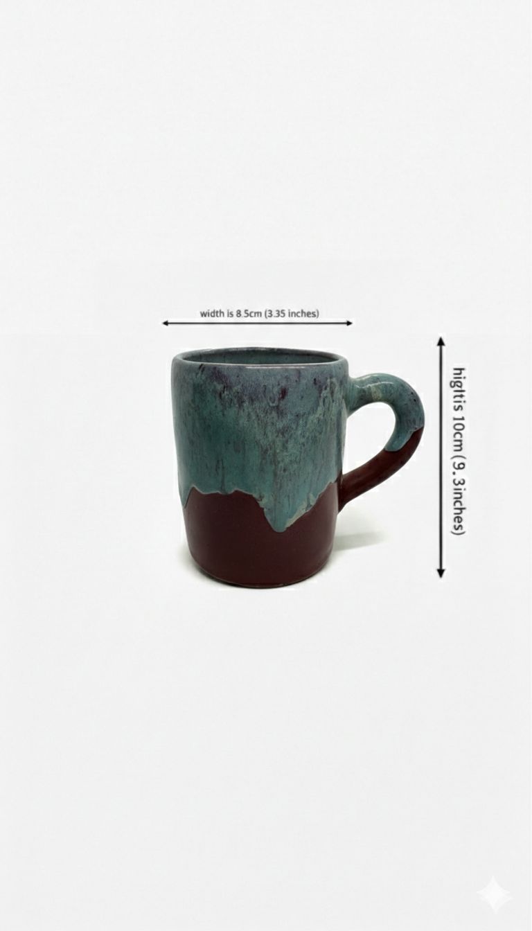 Ceramic mug with a gradient design, shown with measurements on a white background