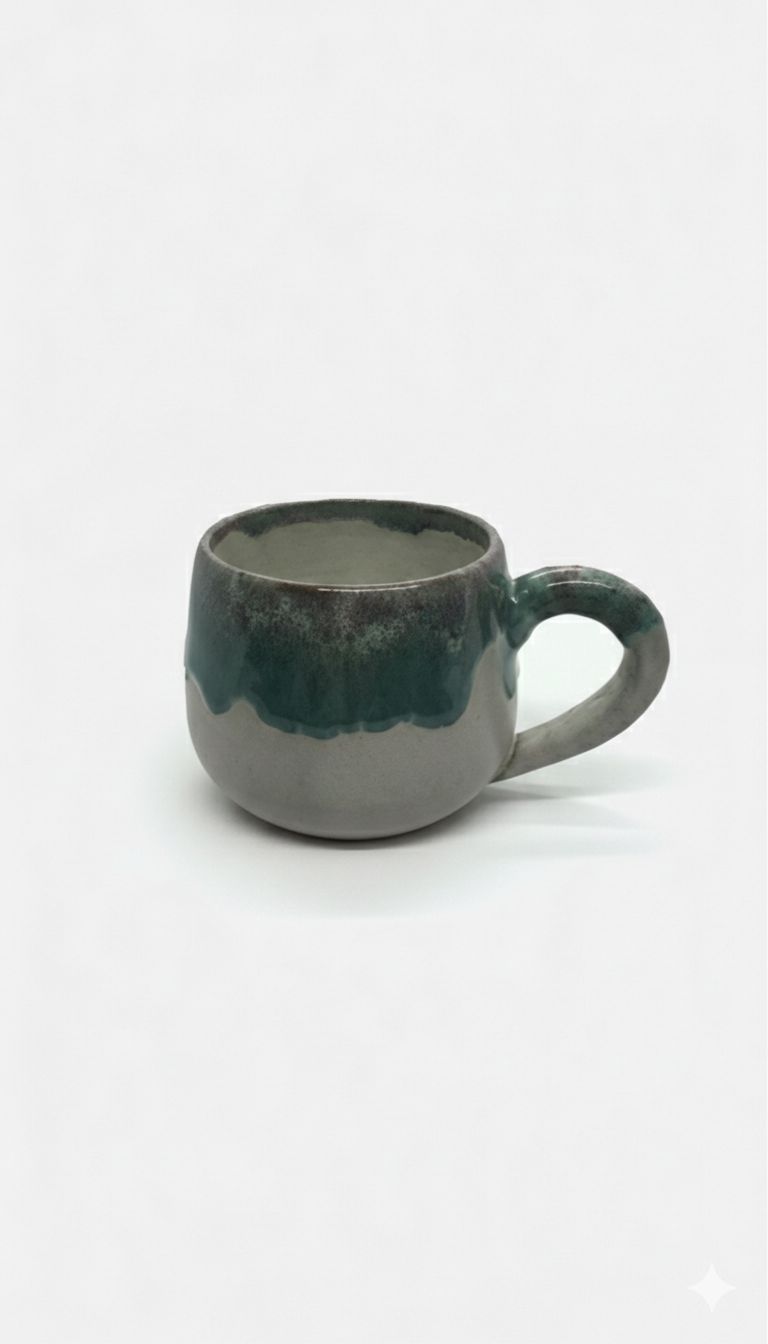 Ceramic mug with a greenish-blue glaze on a white background
