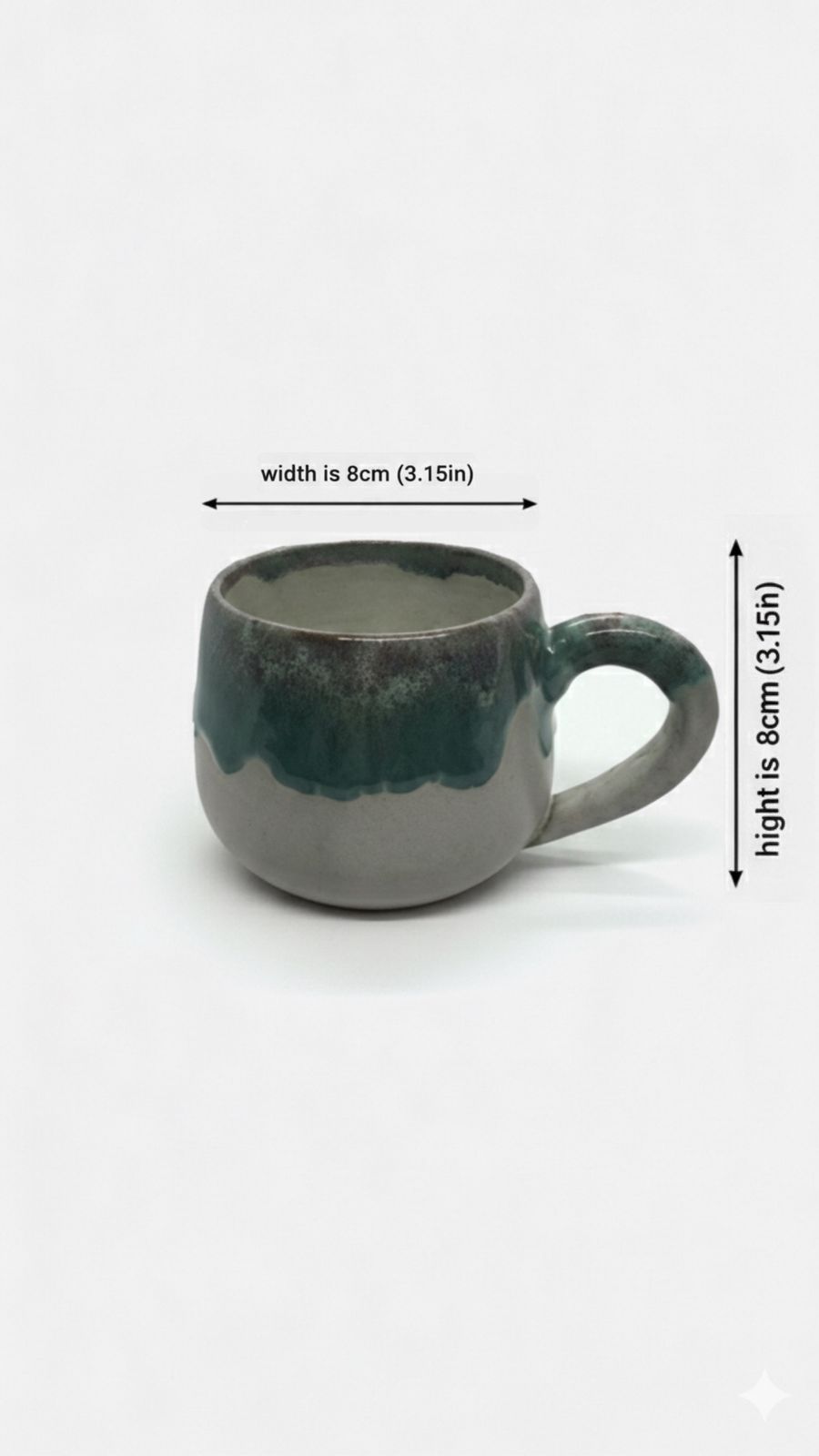 Gray mug with greenish-brown top on a white background, showing measurements.