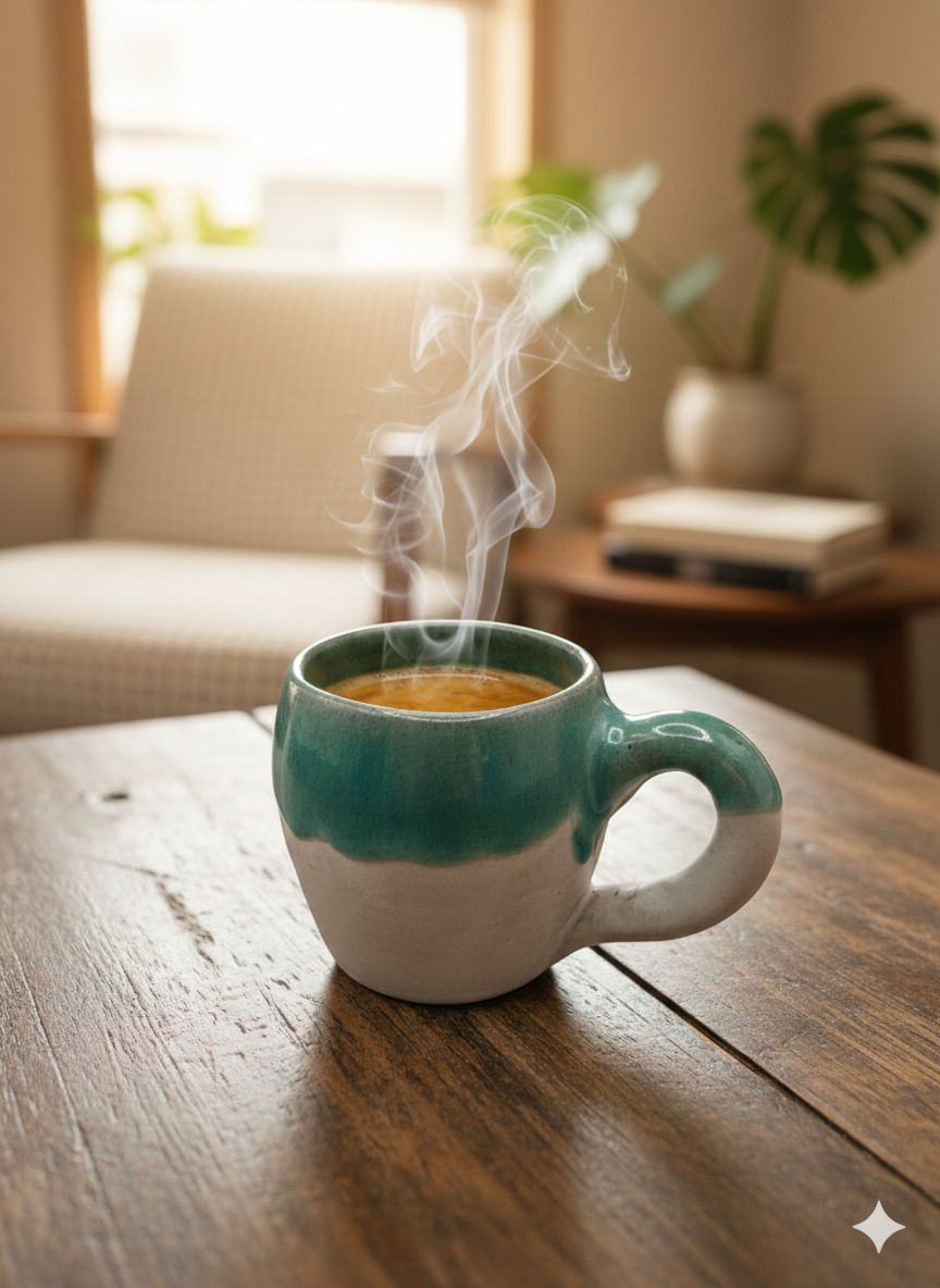 Steaming coffee in a green mug on a wooden table with a blurred background