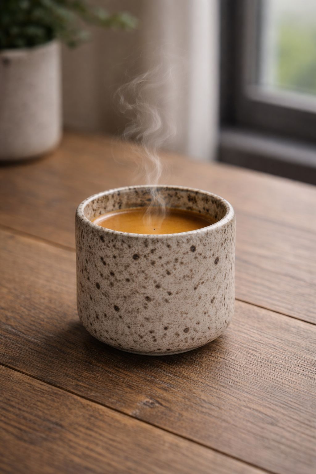 Steaming hot beverage in a speckled ceramic cup on a wooden surface with a blurred background
