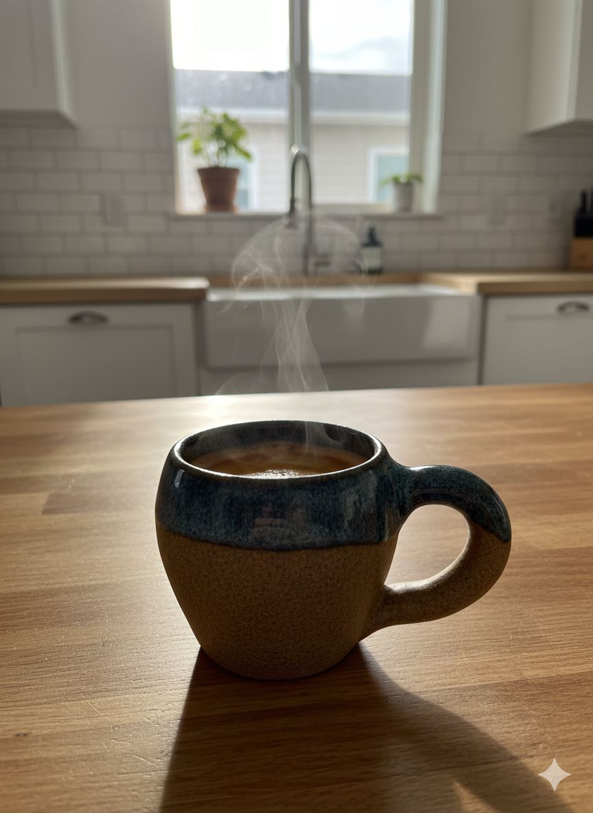 Steaming coffee mug on a wooden table in a kitchen