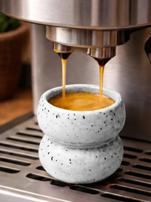 Espresso being poured into a speckled stone cup from an espresso machine.