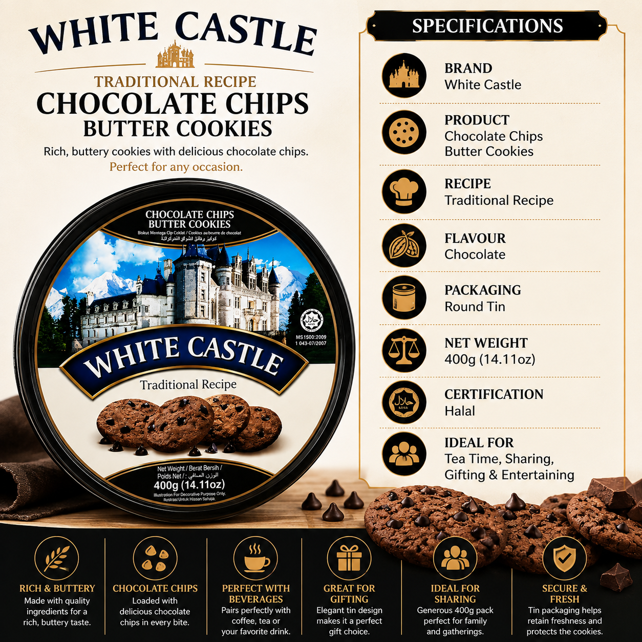 White Castle Chocolate Chips Cookies Tin- 400 gm