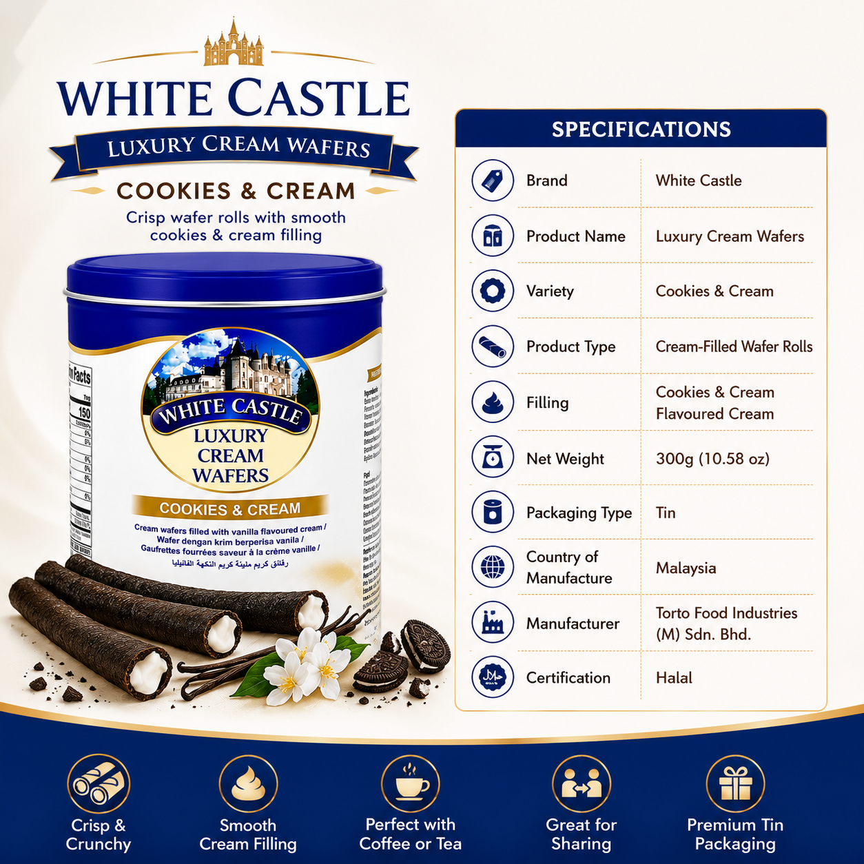 White Castle Luxury Wafer Rolls - Cookies & Cream - 300 gm