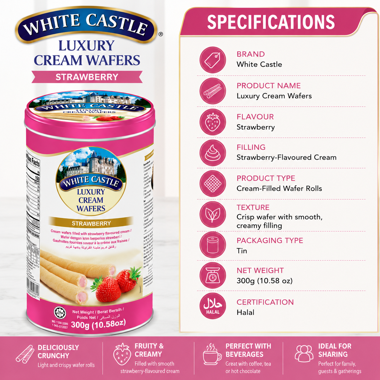 White Castle Luxury Wafer Rolls - Strawberry- 300 gm