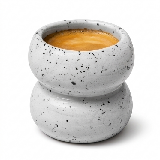 Speckled gray ceramic cup with a small amount of espresso on a white background