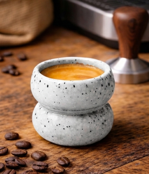 Ceramic cup with espresso on a wooden surface with coffee beans and a espresso machine.