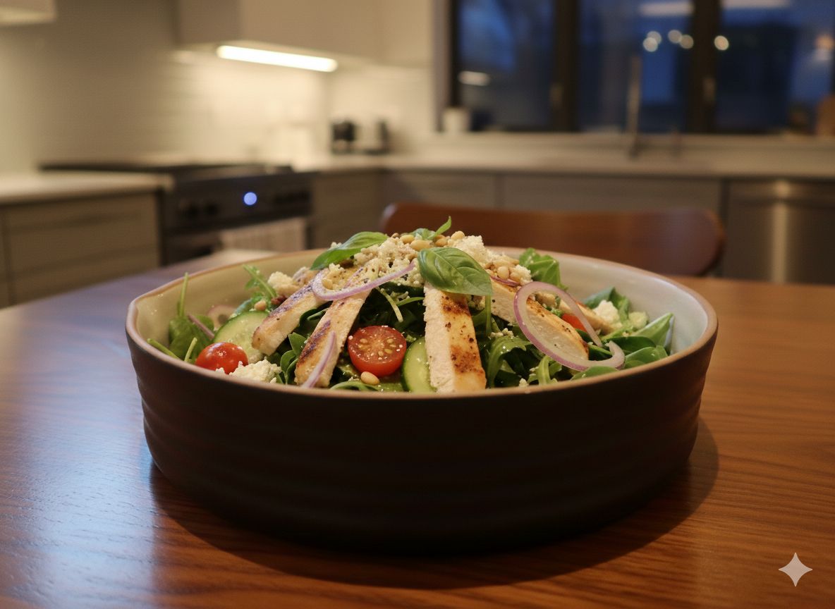 Salad in a black bowl on a kitchen counter with blurred background