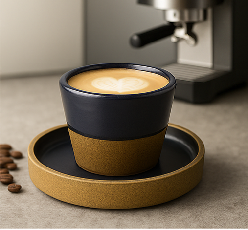 TMH Handmade Artisan Ceramic Coffee Cup with saucer -Navy Blue and Sand Brown- 160 ml