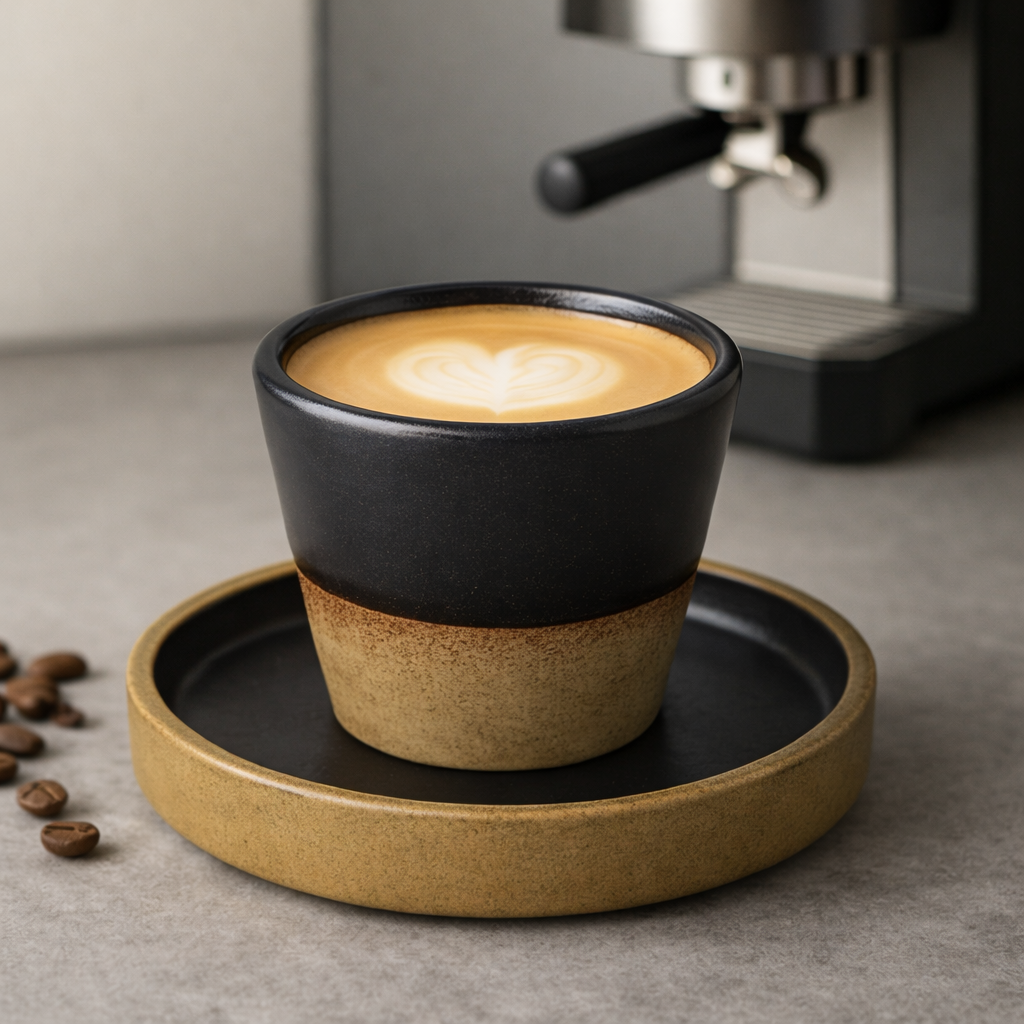 Black ceramic cup with a wooden base on a matching tray, filled with coffee, in front of an espresso machine.