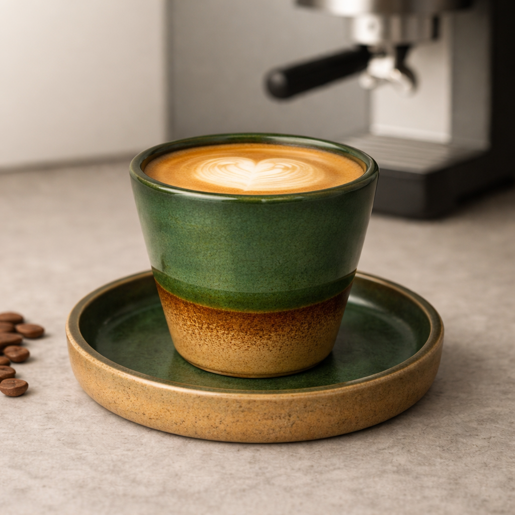 Green ceramic cup with a brown base on a matching saucer, filled with a latte, in front of an espresso machine.