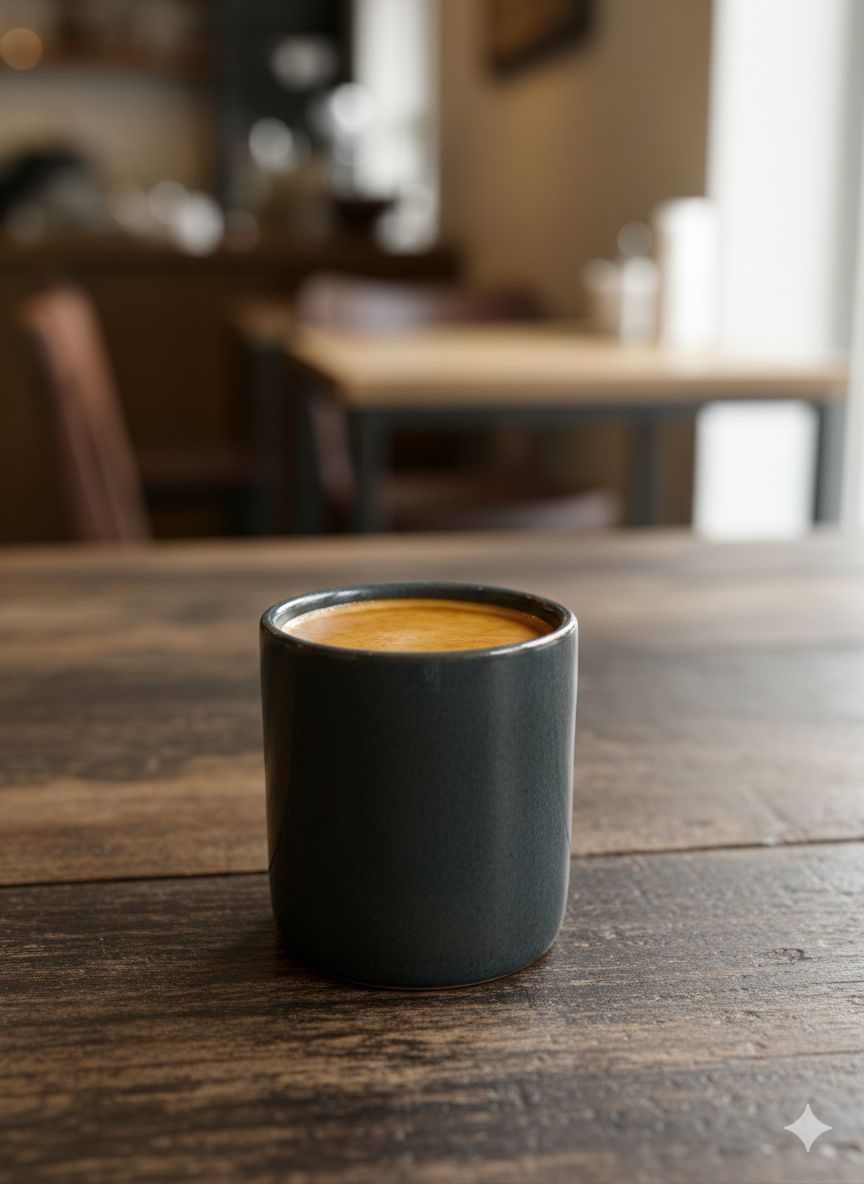 Petrol blue coffee cup with a creamy top on a wooden table in a blurred cafe setting