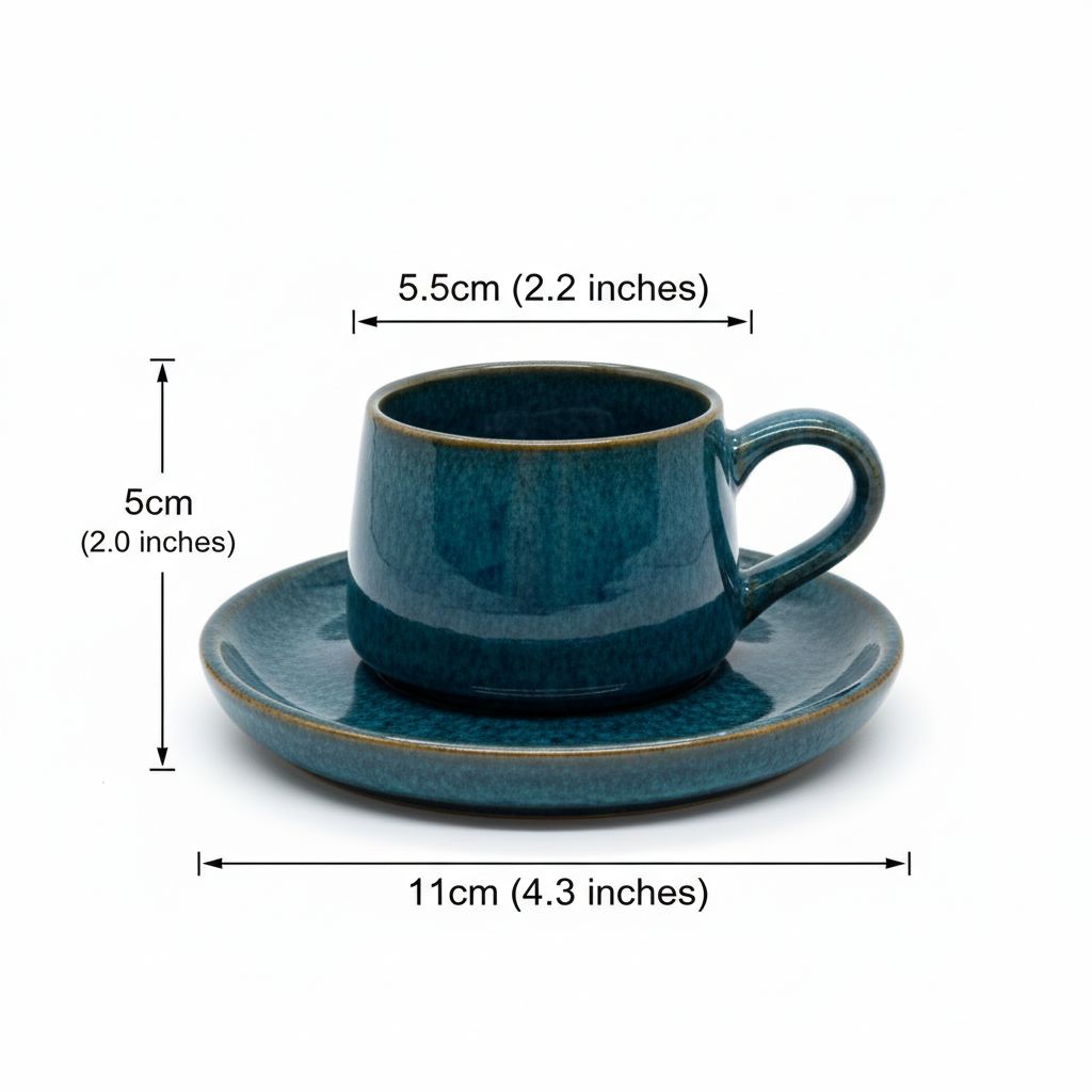 Blue ceramic cup and saucer set with dimensions indicated on a white background