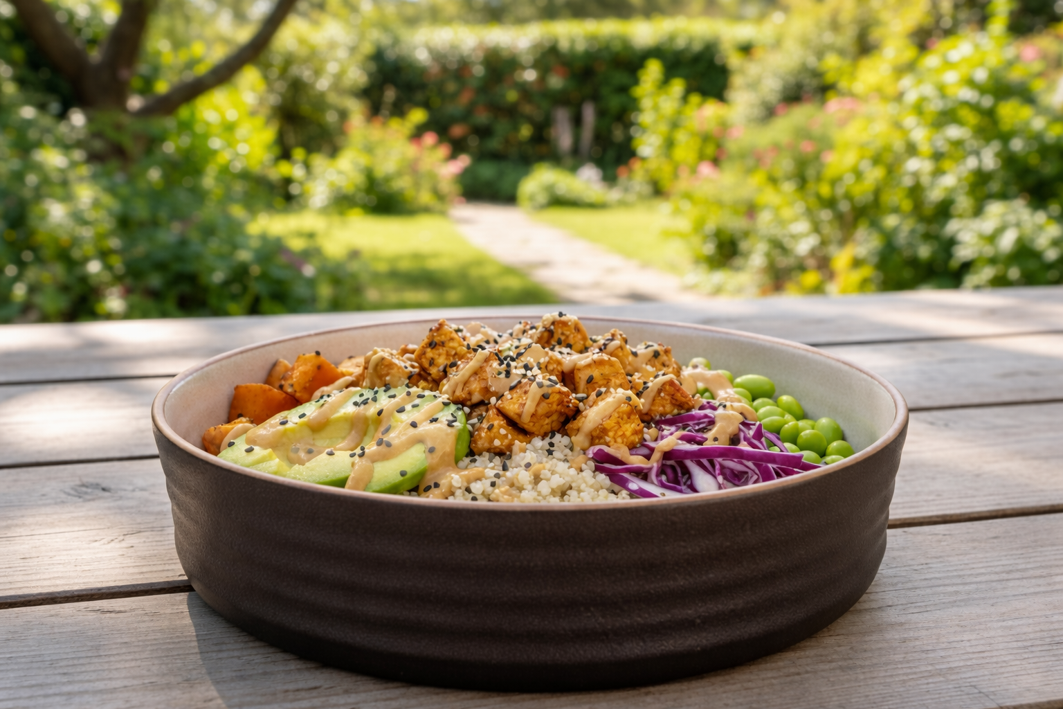 Black bowl of salad with chicken and vegetables on a wooden table outdoors
