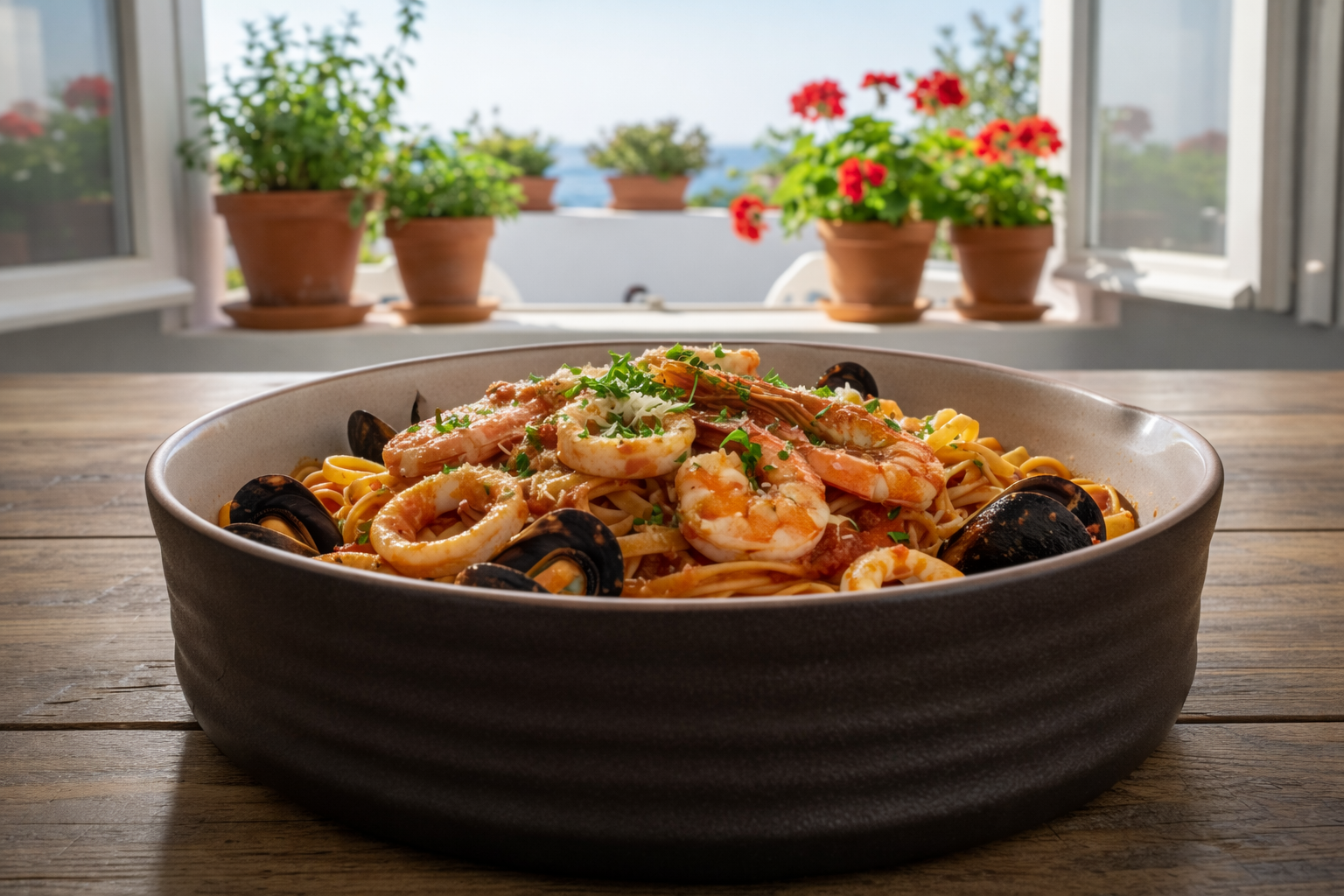 Pasta dish with shrimp and tofu in a black bowl on a wooden table with a window view.