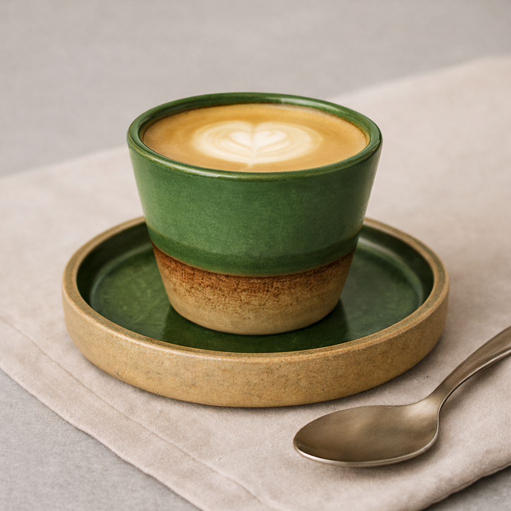 Green ceramic cup with a layered design containing a latte, placed on a matching saucer with a spoon beside it on a light gray surface.