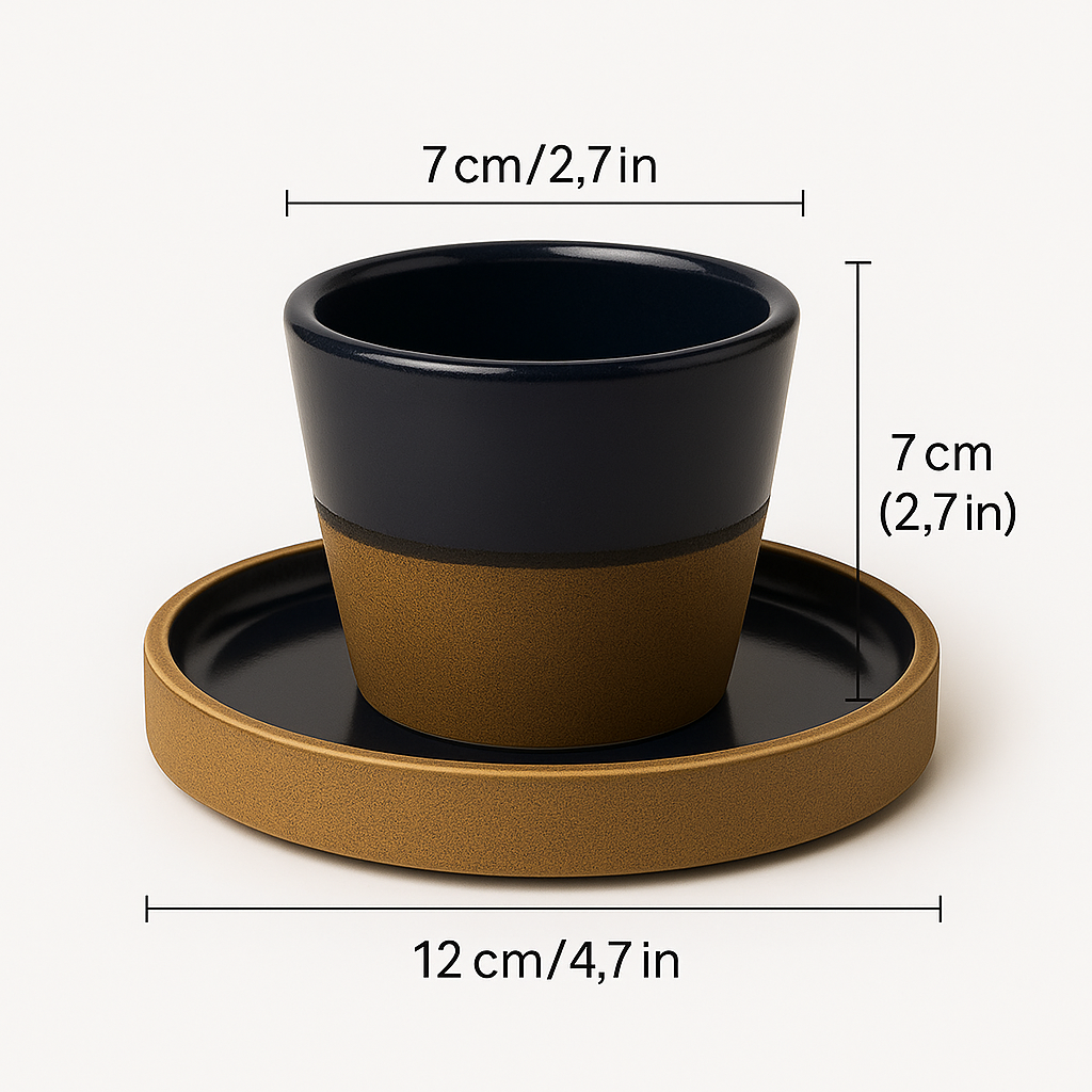 TMH Handmade Artisan Ceramic Coffee Cup with saucer -Navy Blue and Sand Brown- 160 ml