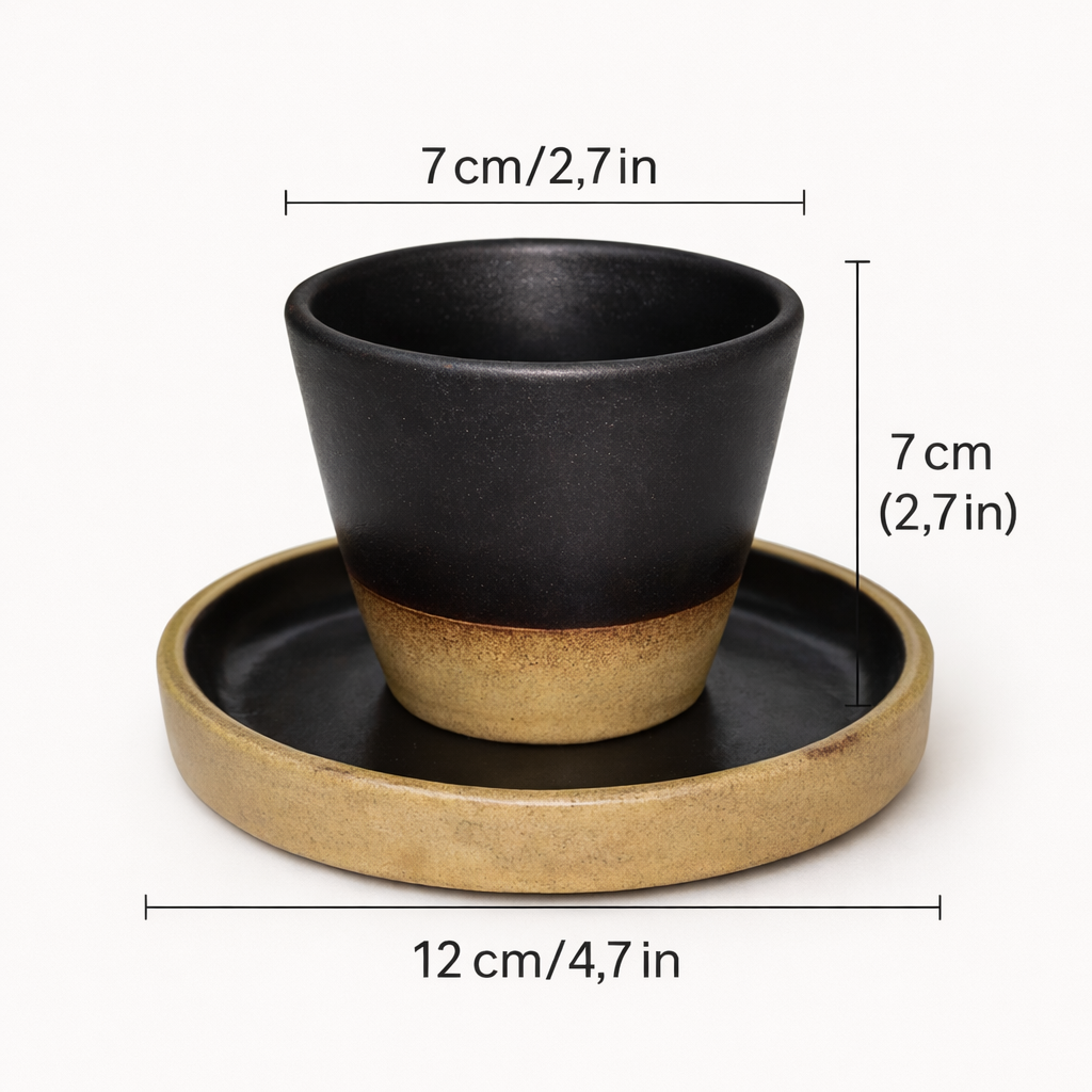 Black and brown ceramic cup with saucer on a white background, showing dimensions.