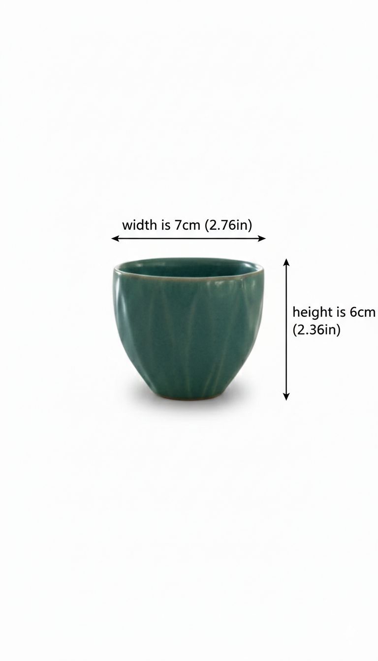 Green ceramic pot with measurements on a white background