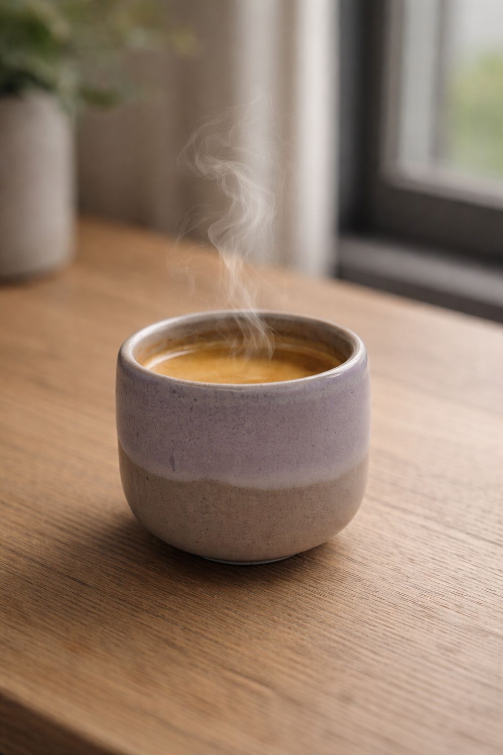 Steaming hot beverage in a ceramic cup on a wooden table with a blurred background