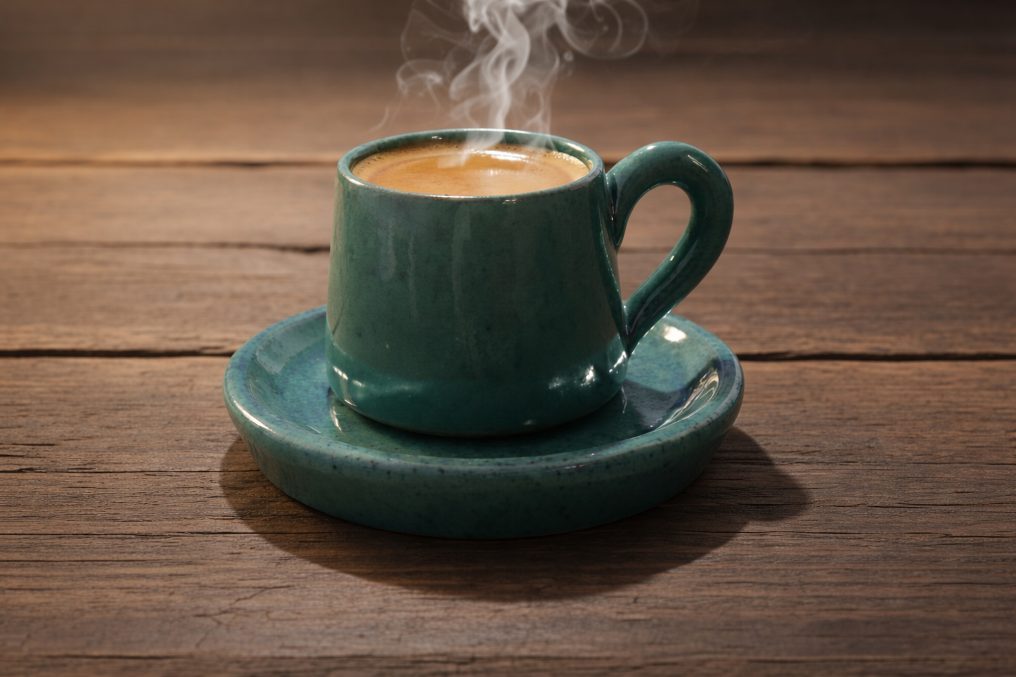 Steaming coffee in a green mug on a matching saucer on a wooden surface