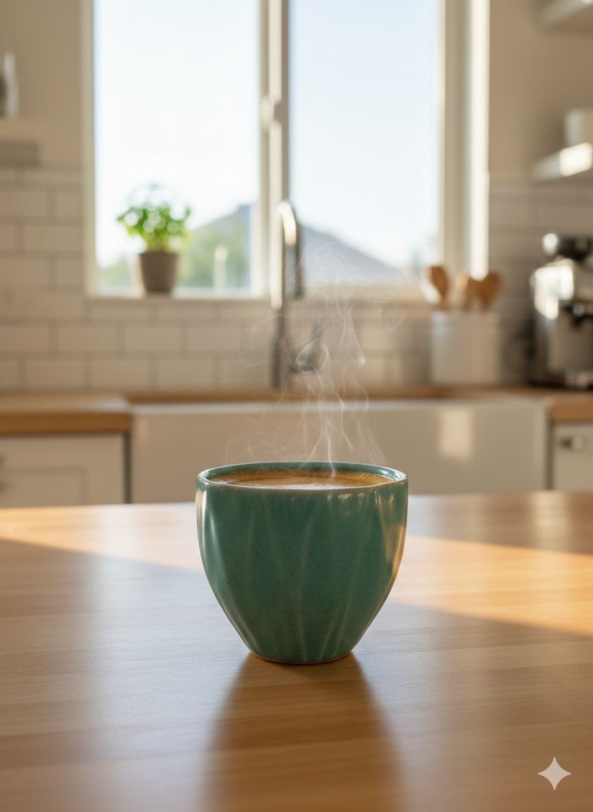 Steaming green mug on a kitchen counter with a blurred background