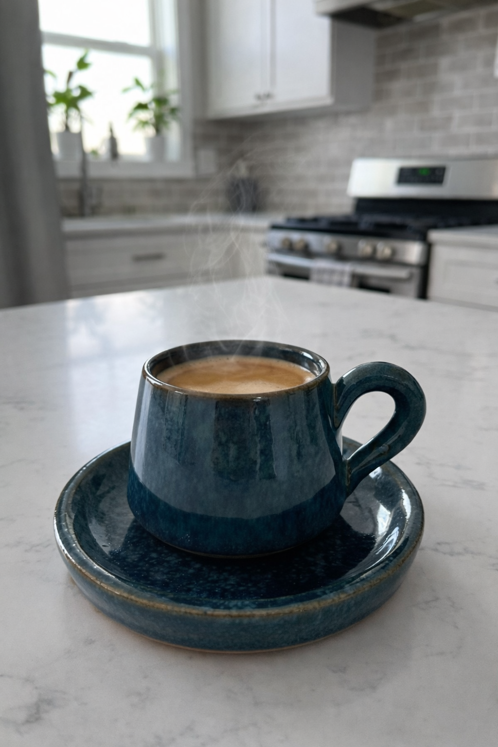 Blue ceramic coffee cup and saucer on a kitchen counter