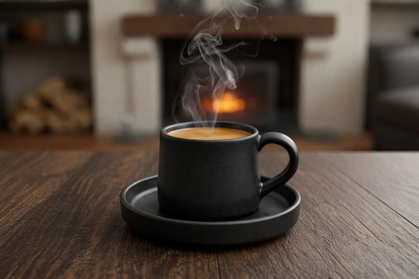 Steaming charcoal black coffee cup on a wooden table with a fireplace in the background