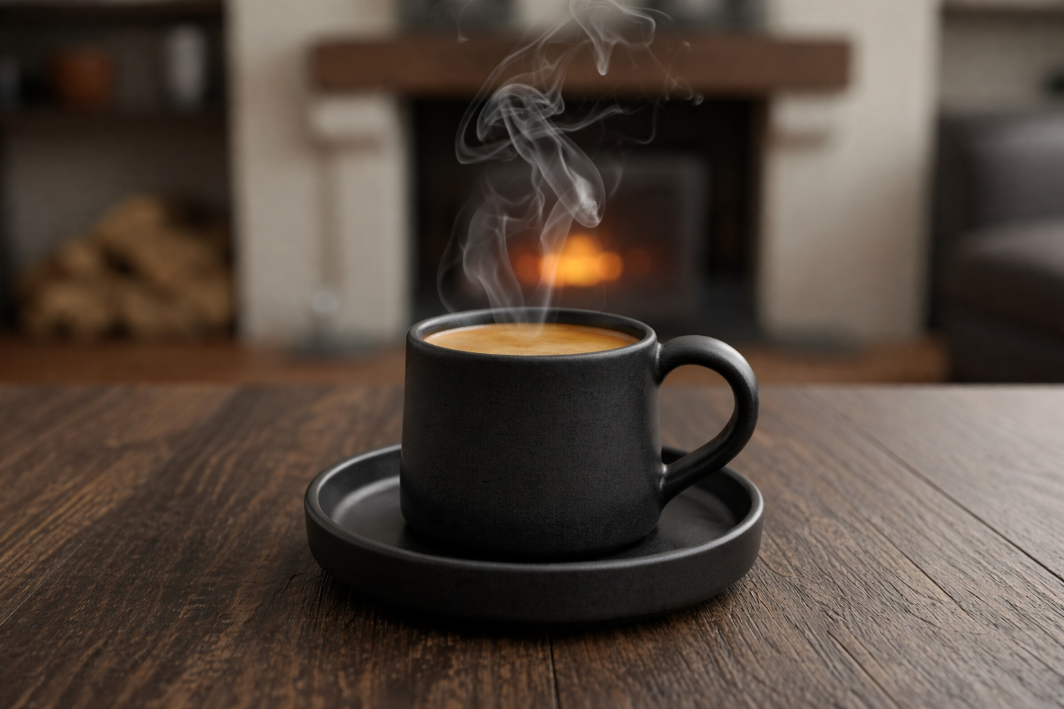 Steaming charcoal black coffee cup on a wooden table with a fireplace in the background